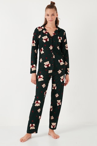 Lela Streç Standart Fit Desenli Bayan Pijama Takımı 60956602 Yeşil