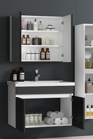 Çiğdem 80 Cm Beyaz-antrasit Gri Mdf Asma Banyo Dolabı Takımı Beyaz - Antrasit