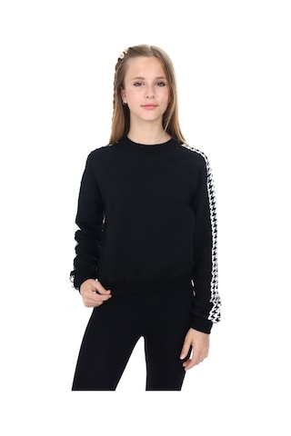 Kız Çocuk Relax Fit Dik Yaka Düşük Omuz Kolu Garnili Sweatshirt - 2 İplik Siyah