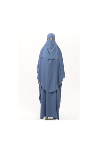 Altobeh Sultanbaş Nikaplı Çarşaf Cilbab Khimar Abaya Kolu Lastikli Hakim Yaka Peçeli Ferace Medine İpek Kot 1412-158-s-m Mavi