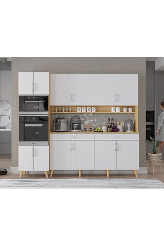 Lora Kahve Köşesi Çok Amaçlı Dolap Kiler Mutfak Dolabı Meşe Beyaz 220cm Meşe Beyaz