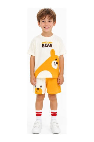 Eray Alp Kids Erkek Çocuk Beyaz Baskılı Ayıcık Tişört Şort Takımı Yazlık Günlük Model