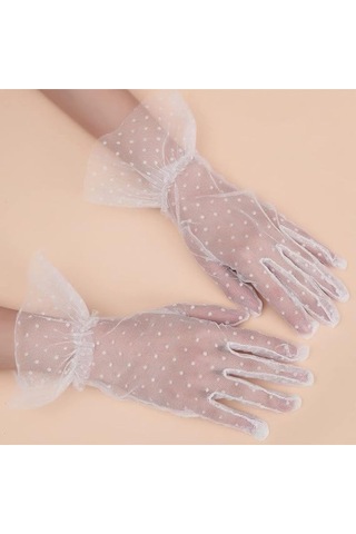 Güpürlü Tüllü Puantiyeli Şeffaf Parti Kostüm Kına Düğün & Gelin Eldiveni Beyaz Çok Renkli