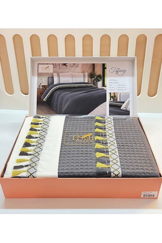 Çift Kişilik 4 Parça Püsküllü Havuz Pike Takımı Antrasit