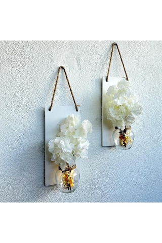 Led Işıklı, Beyaz Bahardalı Çiçekli Duvar Dekoru Beyaz İkili Set Beyaz