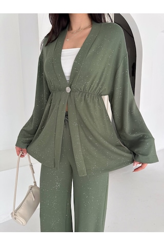 Kadın Simli Uzun Kol Modal Kumaş Kimono Pantolon İkili Takım Şık Ve Rahat Kadın Takım Yeşil