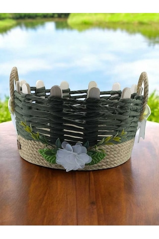 Hasır Sepet Takı Organizer Makyaj Kutusu El Yapımı Komodin Üstü Sepeti Haki