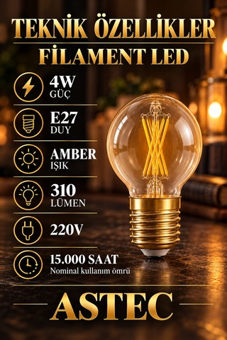 Astec E27 Mini 4 Watt Glop Amber Ampul Dekoratif Amber Işık Filament Led