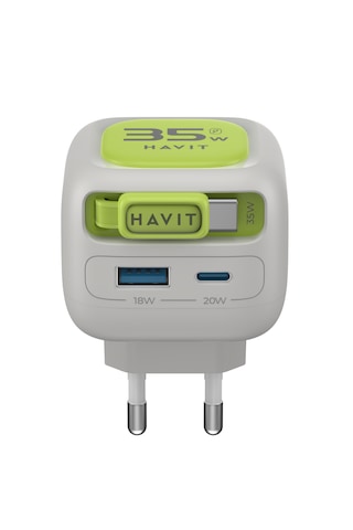 Havit Uc251 35w Gan Pd Hızlı Şarj Adaptörü - Geri Sarılan Usb-c Kablolu, Usb-a/usb-c Gri - Yeşil