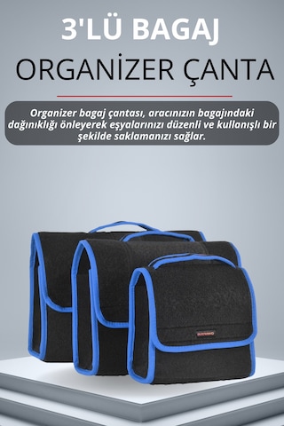 3'lü Cırtlı Keçe Kumaş Oto Bagaj Çantası Geniş Hacimli,dayanıklı,araç İçi Düzenleyici Mavi Kenar