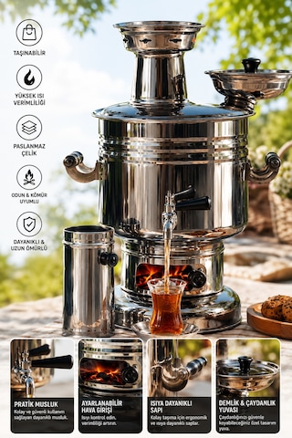 Paslanmaz Çelik Krom Semaver 4.5 Litre - Çantalı - Kömür & Odun Semaveri