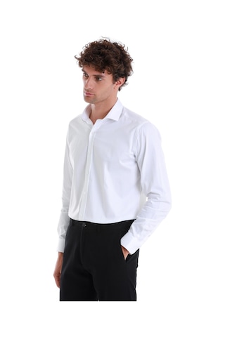 Hatemoğlu Beyaz Slim Fit Düz 100% Pamuk Açık İtalyan Yaka Uzun Kollu Saten Gömlek 24d190000045 001 Beyaz