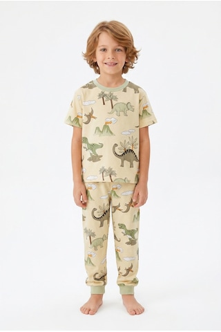 Bunny Hopp Yazlık Kısa Kollu Erkek Çocuk Pijama Takımı Safari Desenli %100 Pamuk Bej