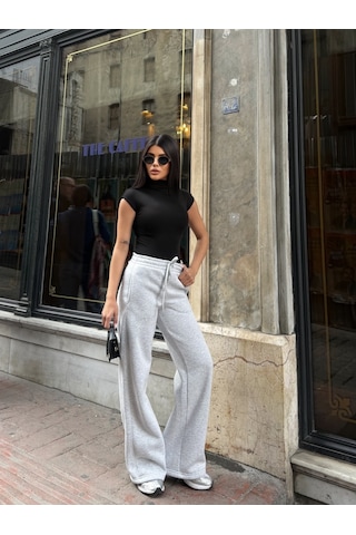 Out Of Standart Kadın Wide-leg Kalıp Beli Lastikli Kordon Detaylı Eşofman Altı Kar Melanj