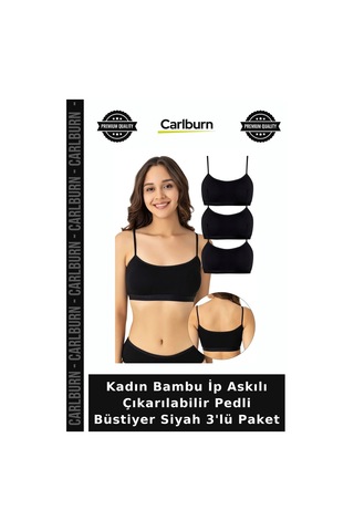 Carlburn Özel Üretim Kadın Bambu İp Askılı Çıkarılabilir Pedli Büstiyer Siyah 3'lü Paket Kombin Rahat Günlük