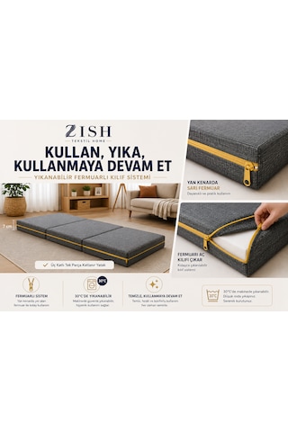 Flexa Gri 7 Cm Katlanır Sünger Yatak Yer Yatağı, Misafir Yatağı Puf, Koltuk, Şilte Ve Minder Kullanımı Taşıma Kulplu Fermuarlı Yıkanabilir Keten Kılıf 24 Dns Orta Sert Sünger Katlanır Yatak