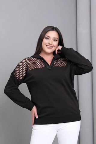 Yakası Taşlı File Detaylı Sweatshirt Siyah