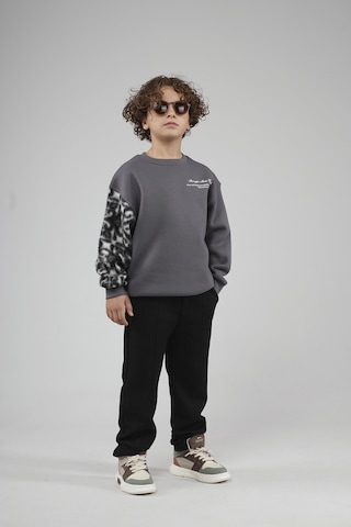 King-Brich Kingbrich Kids Bisiklet Yaka Kolu Garnili Baskılı Çocuk Sweatshirt Füme