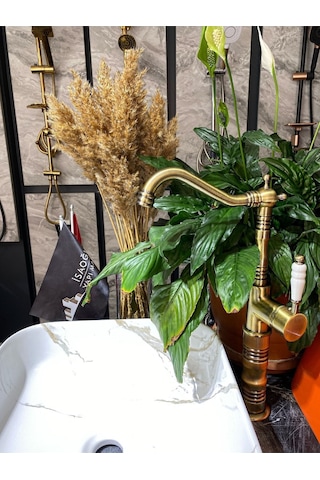 İsaoğlu Yapı Mat Gold Çanak Lavabo Bataryası Eskitme Çanak Bataryası Antik Gold Rustik Lavabo Bataryası Gold