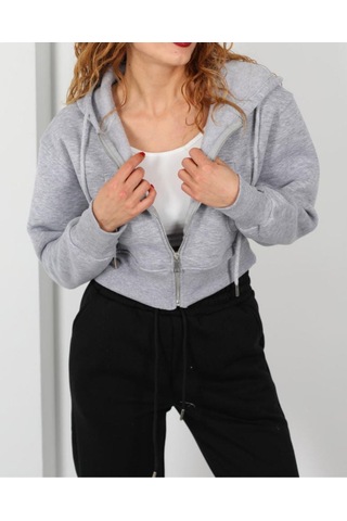 İs Berceste Kapüşonlu 3 İplik Gri Melanj Kadın Crop Sweatshirt Ceket Açık Gri