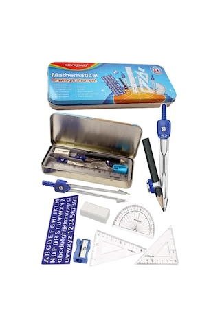 Teknik Çizim Seti 11 Parça Keyroad Metal Pergel Gönye Açı Ölçer İletki Harf Şablonu Metal Kutulu 971708