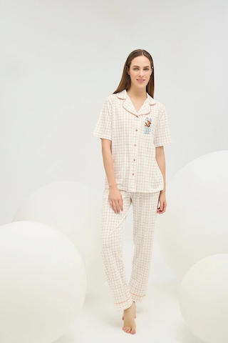 U.S. Polo Assn. 16608 Kadın Baskılı Düğmeli Pijama Takım Ekru