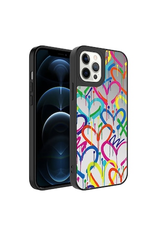 Apple Uyumlu iPhone 12 Pro Max Uyumlu Aynalı Desenli Kamera Korumalı Parlak Zore Mirror Kılıf-kalp Kalp -