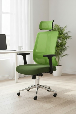 Upstyle Poyraz Başlıklı Fileli Ergonomik Çalışma Koltuğu Yeşil Krom Koltuk 66 125 65 Cm