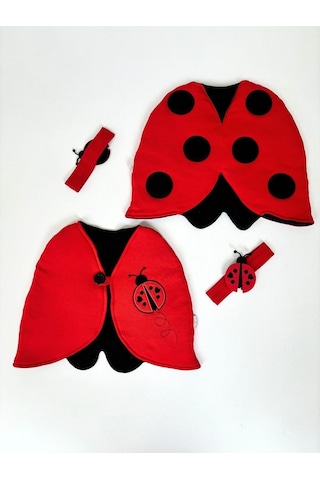 Kırmızı & Bandanalı Uğur Böceği Kostümü - Kız Çocuk Doğum Günü Kostümü Seti Kırmızı - Siyah
