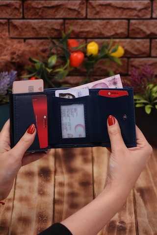 Özka Leather Suni Deri Mekanizmalı Vegan Deri Kartlık Cüzdan Portföy Lacivert Siyah
