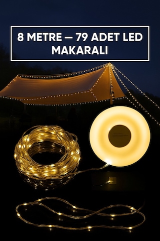 Şarjlı Makaralı Peri Led Işık Zinciri 8 Metre 79 +30 Led Bahçe Balkon Dış Mekan Kamp Işığı Sarı