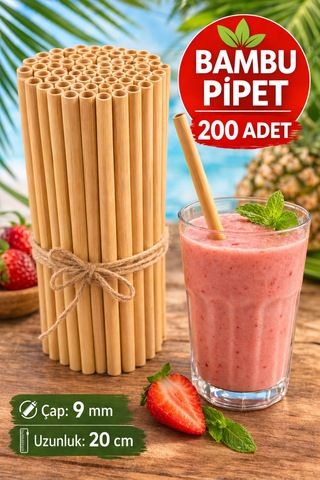 200 Adet Bambu Pipet 9mm X 20cm Kalın Smoothie Pipeti Doğal Çevre Dostu