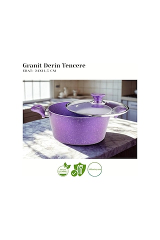 24 Cm Granit Derin Tencere Cam Kapak - Violet Violet