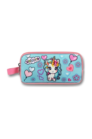 Ümit Çanta Kız Çocuklar İçin İki Bölmeli Bebek Unicorn Baskılı Kalemlik - Pembe Turkuaz - 5050 Pembe - Turkuaz