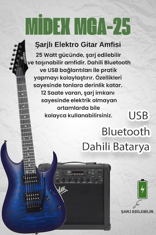 Maxword Grade-25amp Blue Rosewood Yüksek Kalite Floyde Rose 25w Amfili Elektro Gitar