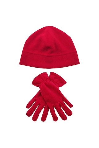 Kadın Kışlık Kırmızı Termal Polar Eldiven - Polar Bere 2'li Set Kırmızı