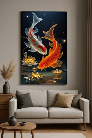 Altın Ve Gümüş Koi Balıkları Feng Shui Bereket Ve Huzur Temalı Cam Tablo Lotus Işıltısı