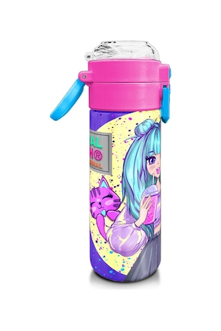 Coral High Kids Mor Pembe Anime Kız Desenli Pipetli Ve Direkt İçim Çelik Termos 500 Ml 31942 Mor