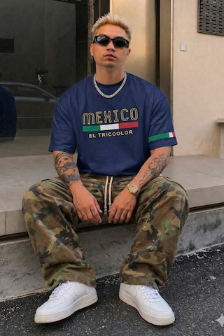 Tarz Cool Erkek Regular Baskılı Tişört Mexico Yazılı %100 Pamuk Rahat Kesim T-shirt Lacivert