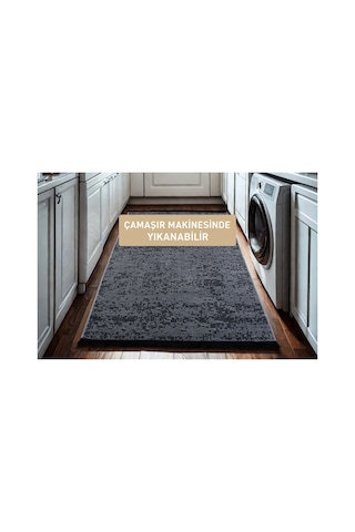 Badelya Home Gri Şönil Makinada Yıkanabilir Kaymaz Taban Saçaklı Pamuklu Halı Kilim Oturma Odası Salon Mutfak