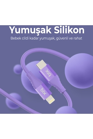 Bix ﻿BXSC1CL 60W Type-C To 1.2 M Lightning Silikon Şarj ve Data Kablosu Lavanta