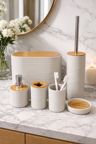 Makri Home 6 Parça Krem Banyo Seti, Bambu Detaylı, 8l Çöp Kovası 24x26x16 Cm
