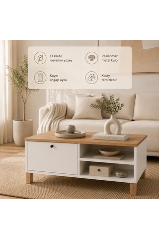 The Voguemaxima Livenza Kapaklı Kayın Ahşap Ayaklı Orta Sehpa 90 60 38,6 Cm Beyaz