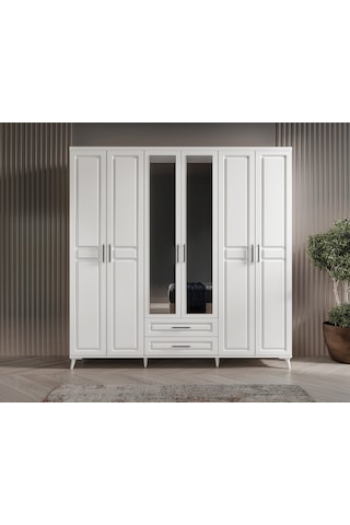 GuneyStore Gözde 6 Kapaklı Aynalı Komple MDF Beyaz Gardırop