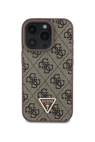Apple Uyumlu iPhone 16 Pro Kılıf Guess Lisanslı Pu Deri Taşlı Üçgen Logo 4g Desenli Strass Kapak Kahverengi
