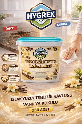 Hygrex Vanilya Kokulu Yüzey Temizlik Havlusu Islak Kova Mendil 250 Adet Ev Ofis Tüm Yüzeyler Kovalı Mendil Beyaz