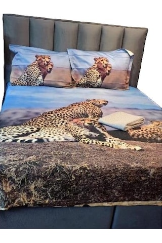 Türkiz Çift Kişilik Pamuk Saten Nevresim Takımı Leopar Çok Renkli