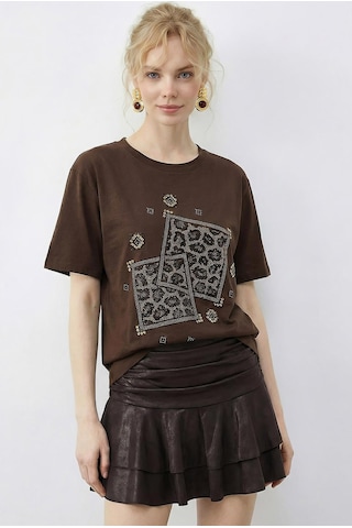Shade Kadın Taş Baskılı Leopar Desenli Bisiklet Yaka Regular Fit T-shirt 2209 60283975 - Kahverengi