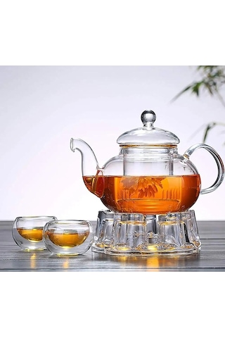 1000 Ml Borosilikat Cam Isıtıcılı Bitki Çayı Demliği Şeffaf