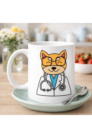 Doktor Kedi Tasarımlı Porselen Kupa Model 174 Sevimli Veteriner / Doktor Kedi Kahve Kupası Kedi Severlere Ve Sağlık Çalışanlarına Hediye Diğer